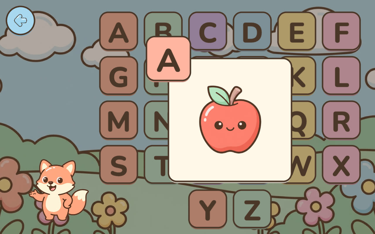 Letters – Explore: a wall of 26 capital letters, with “A is for apple” open