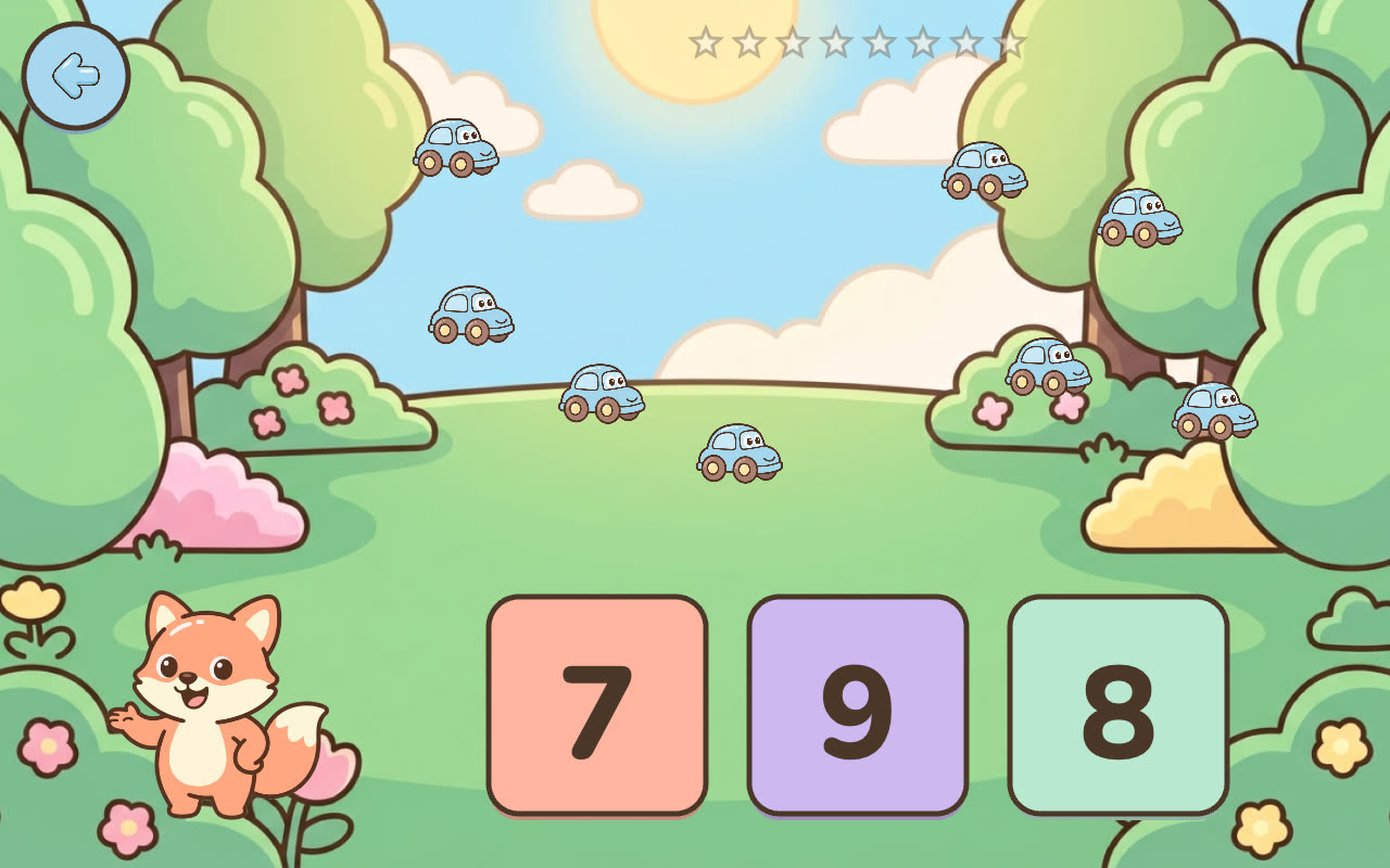 Numbers – Count: toy cars to count and three number cards to choose from