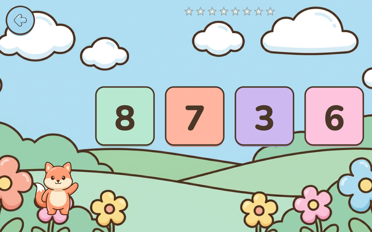 Numbers – Find: Biby the fox says a number and the child picks it from four cards