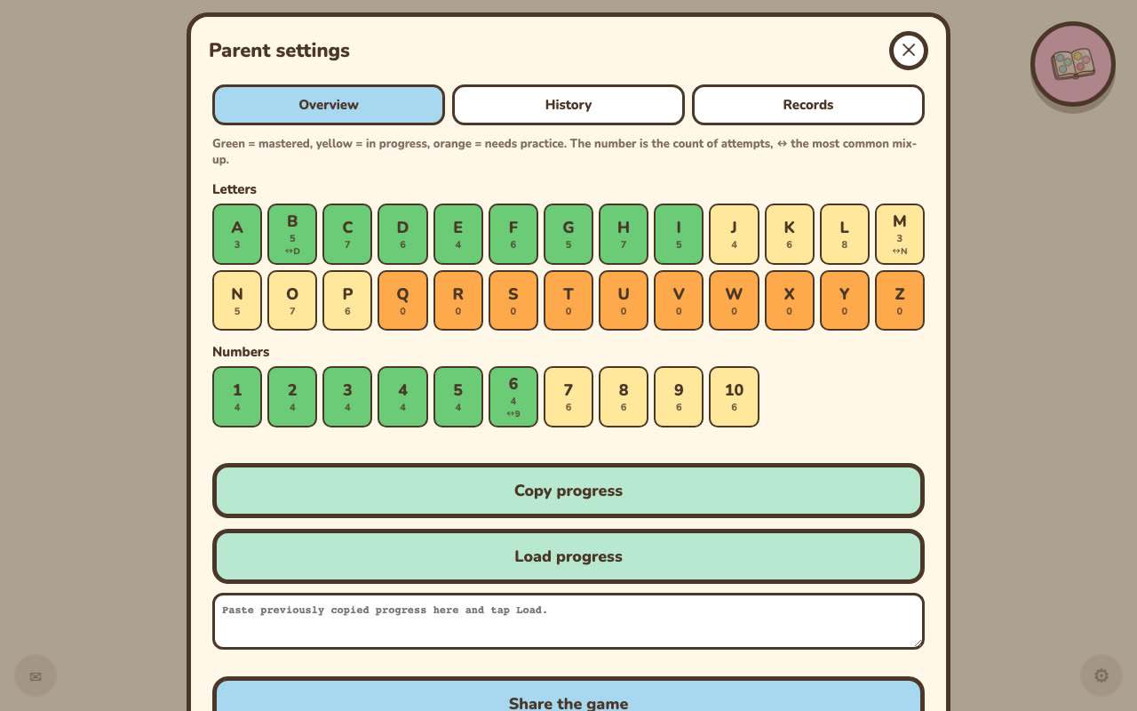 Parent settings – Overview: letters and numbers colored green, yellow and orange, with attempts and mix-ups (sample data)